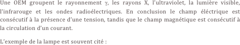 Une OEM groupent le rayonnement γ, les rayons X, l'ultraviolet, la lumière visible, l'infrarouge et les ondes radioélectriques. En conclusion le champ éléctrique est consécutif à la présence d’une tension, tandis que le champ magnétique est consécutif à la circulation d’un courant.
L’exemple de la lampe est souvent cité :
