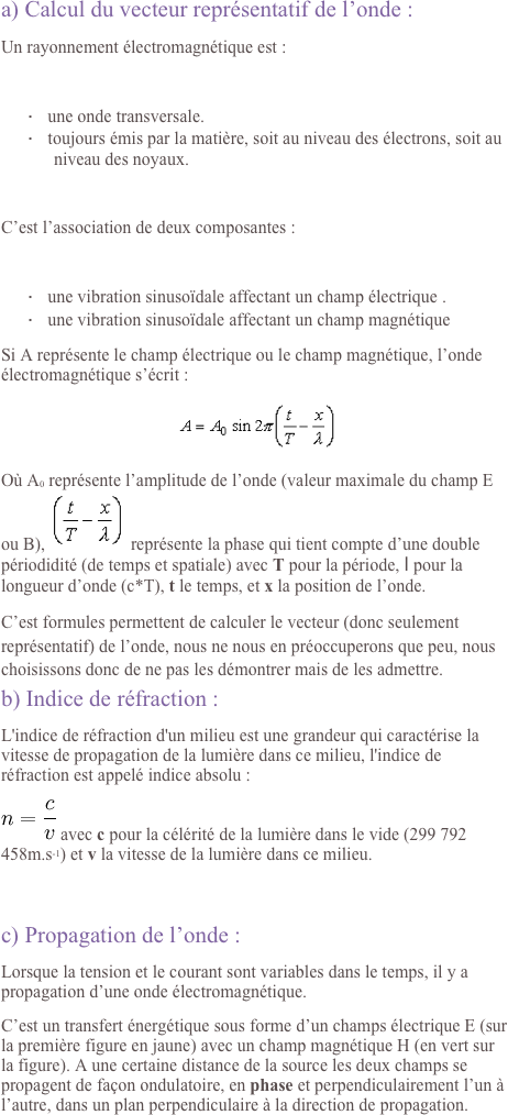 a) Calcul du vecteur représentatif de l’onde :
Un rayonnement électromagnétique est :
 
·      une onde transversale.
·      toujours émis par la matière, soit au niveau des électrons, soit au niveau des noyaux.
 
C’est l’association de deux composantes :
 
·      une vibration sinusoïdale affectant un champ électrique .
·      une vibration sinusoïdale affectant un champ magnétique
Si A représente le champ électrique ou le champ magnétique, l’onde électromagnétique s’écrit :
 ￼
Où A0 représente l’amplitude de l’onde (valeur maximale du champ E ou B), ￼ représente la phase qui tient compte d’une double périodidité (de temps et spatiale) avec T pour la période, l pour la longueur d’onde (c*T), t le temps, et x la position de l’onde.
C’est formules permettent de calculer le vecteur (donc seulement représentatif) de l’onde, nous ne nous en préoccuperons que peu, nous choisissons donc de ne pas les démontrer mais de les admettre.
b) Indice de réfraction :
L'indice de réfraction d'un milieu est une grandeur qui caractérise la vitesse de propagation de la lumière dans ce milieu, l'indice de réfraction est appelé indice absolu :
￼ avec c pour la célérité de la lumière dans le vide (299 792 458m.s-1) et v la vitesse de la lumière dans ce milieu.
 
c) Propagation de l’onde :
Lorsque la tension et le courant sont variables dans le temps, il y a propagation d’une onde électromagnétique.
C’est un transfert énergétique sous forme d’un champs électrique E (sur la première figure en jaune) avec un champ magnétique H (en vert sur la figure). A une certaine distance de la source les deux champs se propagent de façon ondulatoire, en phase et perpendiculairement l’un à l’autre, dans un plan perpendiculaire à la direction de propagation.
