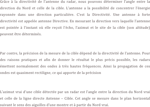 Grâce à la directivité de l’antenne du radar, nous pouvons déterminer l’angle entre la direction du Nord et celle de la cible. L’antenne a la possibilité de concentrer l’énergie rayonnée dans une direction particulière. C’est la Directivité. Une antenne à forte directivité est appelée antenne Directive. En mesurant la direction vers laquelle l’antenne est pointée à l’instant où elle reçoit l’écho, l’azimut et le site de la cible (son altitude) peuvent être déterminés. 

Par contre, la précision de la mesure de la cible dépend de la directivité de l’antenne. Pour des raisons pratiques et afin de donner le résultat le plus précis possible, les radars émettent normalement des ondes à très hautes fréquences. Ainsi la propagation de ces ondes est quasiment rectiligne, ce qui apporte de la précision

L’azimut vrai d’une cible détectée par un radar est l’angle entre la direction du Nord vrai et celle de la ligne directe Antenne – Cible. Cet angle se mesure dans le plan horizontal suivant le sens des aiguilles d’une montre et à partir du Nord vrai.

